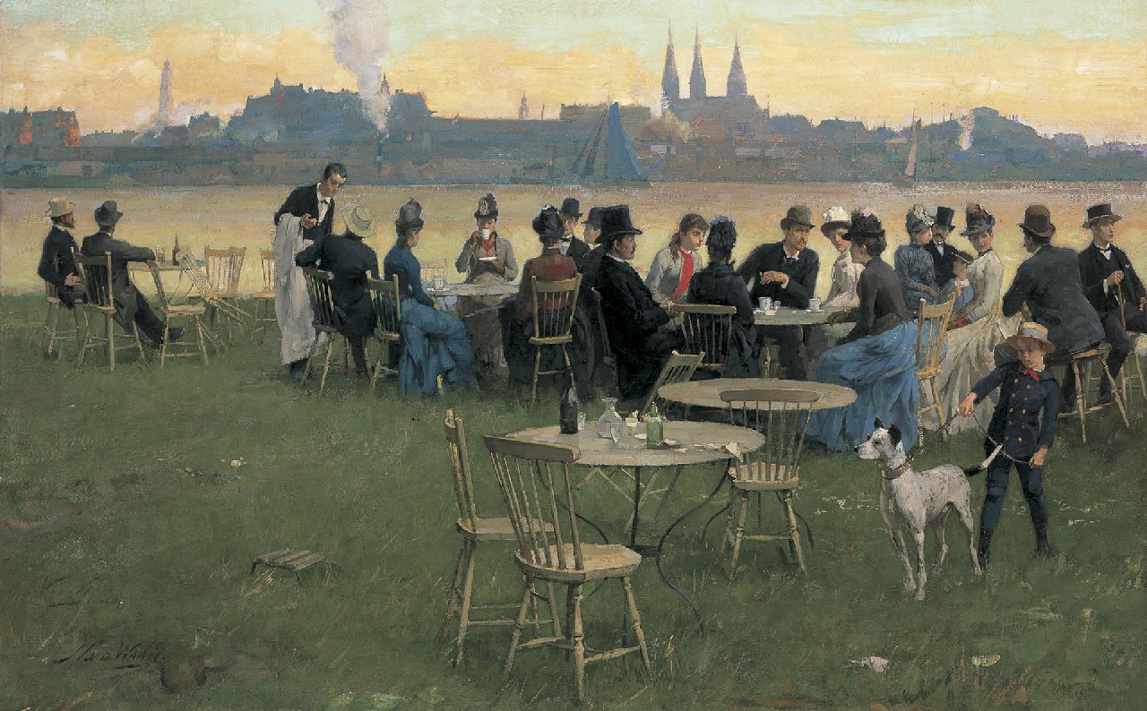 Waay N. van der | Nicolaas van der Waay, Een zomeravond bij het Tolhuis, Amsterdam, olieverf op doek 66,0 x 105,0 cm, gesigneerd linksonder en te dateren ca. 1891