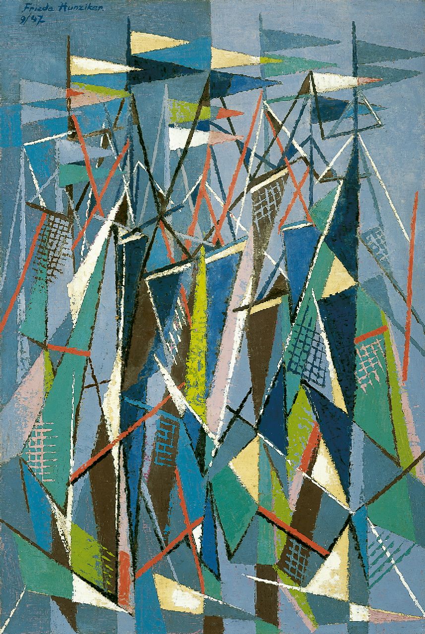 Hunziker F.  | Frieda Hunziker, Masten en zeilen, olieverf op doek 90,3 x 60,5 cm, gesigneerd linksboven en gedateerd 9/47