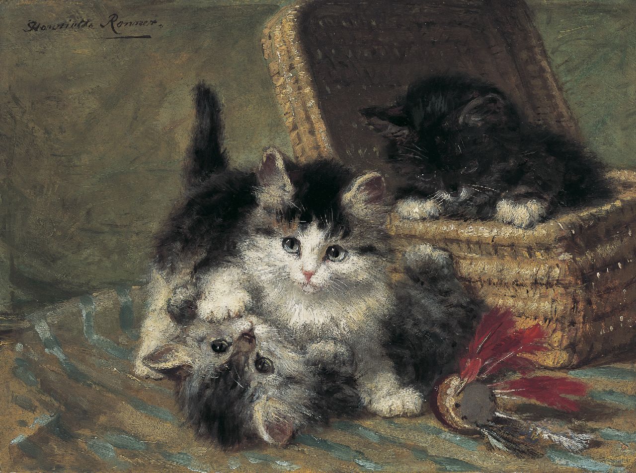 Ronner-Knip H. | Henriette Ronner-Knip, Spelende jonge katjes, olieverf op paneel 24,2 x 32,1 cm, gesigneerd linksboven Ronner-Knip H. | Henriette Ronner-Knip, Spelende jonge katjes, olieverf op paneel 24,2 x 32,1 cm, gesigneerd linksboven