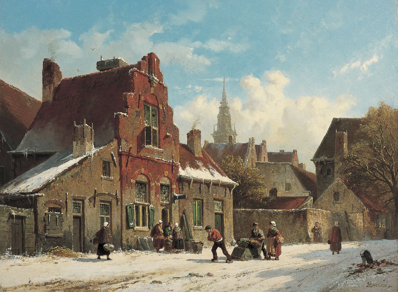 Eversen A. | Adrianus Eversen, Hollands winters straatje, olieverf op paneel 31,7 x 42,7 cm, gesigneerd rechtsonder, en verso op resten van etiket Eversen A. | Adrianus Eversen, Hollands winters straatje, olieverf op paneel 31,7 x 42,7 cm, gesigneerd rechtsonder, en verso op resten van etiket