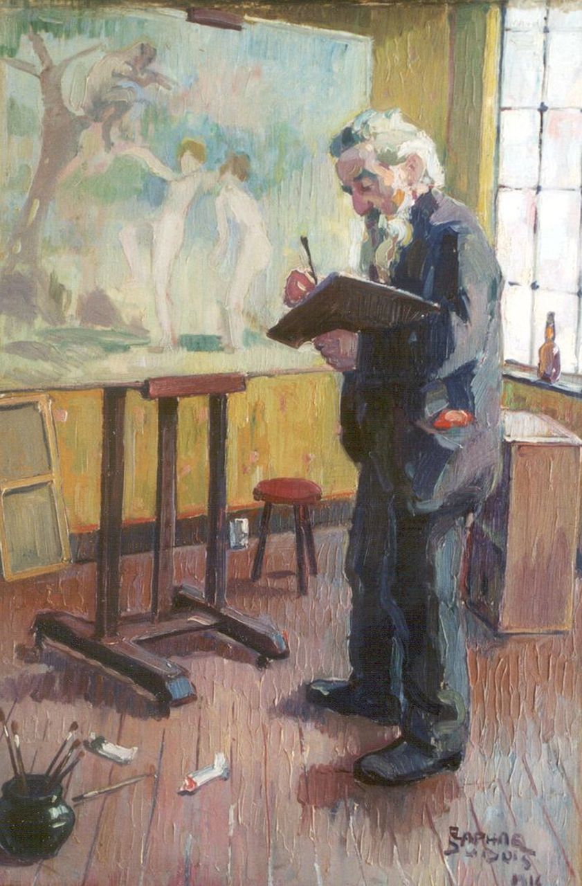 Dubois R. | Raphael Dubois, De kunstenaar in het atelier, olieverf op doek 78,2 x 54,7 cm, gesigneerd rechtsonder en gedateerd 1916 Dubois R. | Raphael Dubois, De kunstenaar in het atelier, olieverf op doek 78,2 x 54,7 cm, gesigneerd rechtsonder en gedateerd 1916