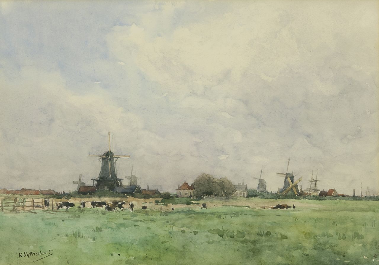 Uytterschaut V. | Victor Uytterschaut, Molens in een Hollands polderlandschap, potlood en aquarel op papier 32,0 x 47,0 cm, gesigneerd linksonder Uytterschaut V. | Victor Uytterschaut, Molens in een Hollands polderlandschap, potlood en aquarel op papier 32,0 x 47,0 cm, gesigneerd linksonder