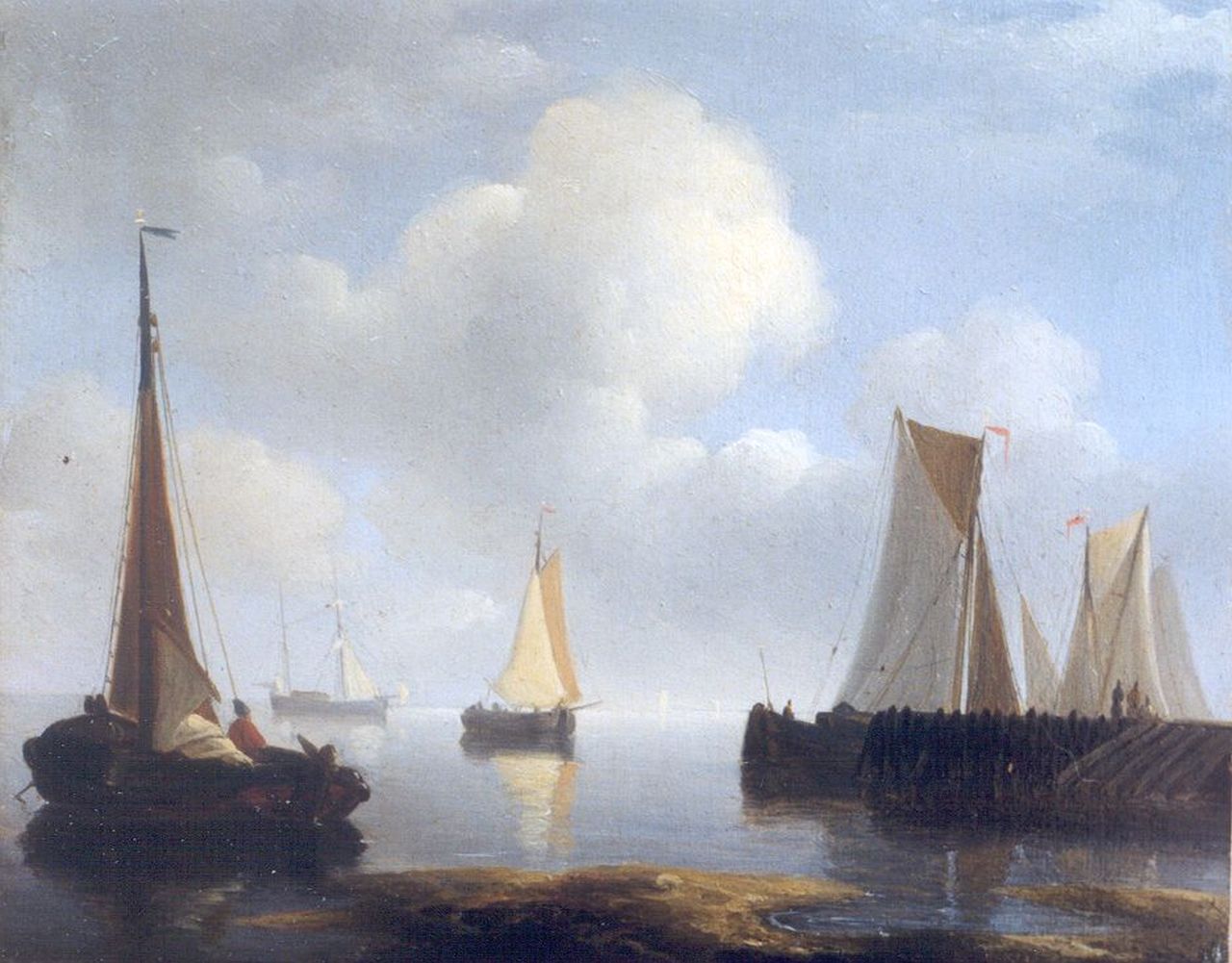 Schotel P.J.  | Petrus Johannes Schotel, Zeilschepen in een havenmond bij kalm weer, olieverf op paneel 12,0 x 14,3 cm, gesigneerd verso