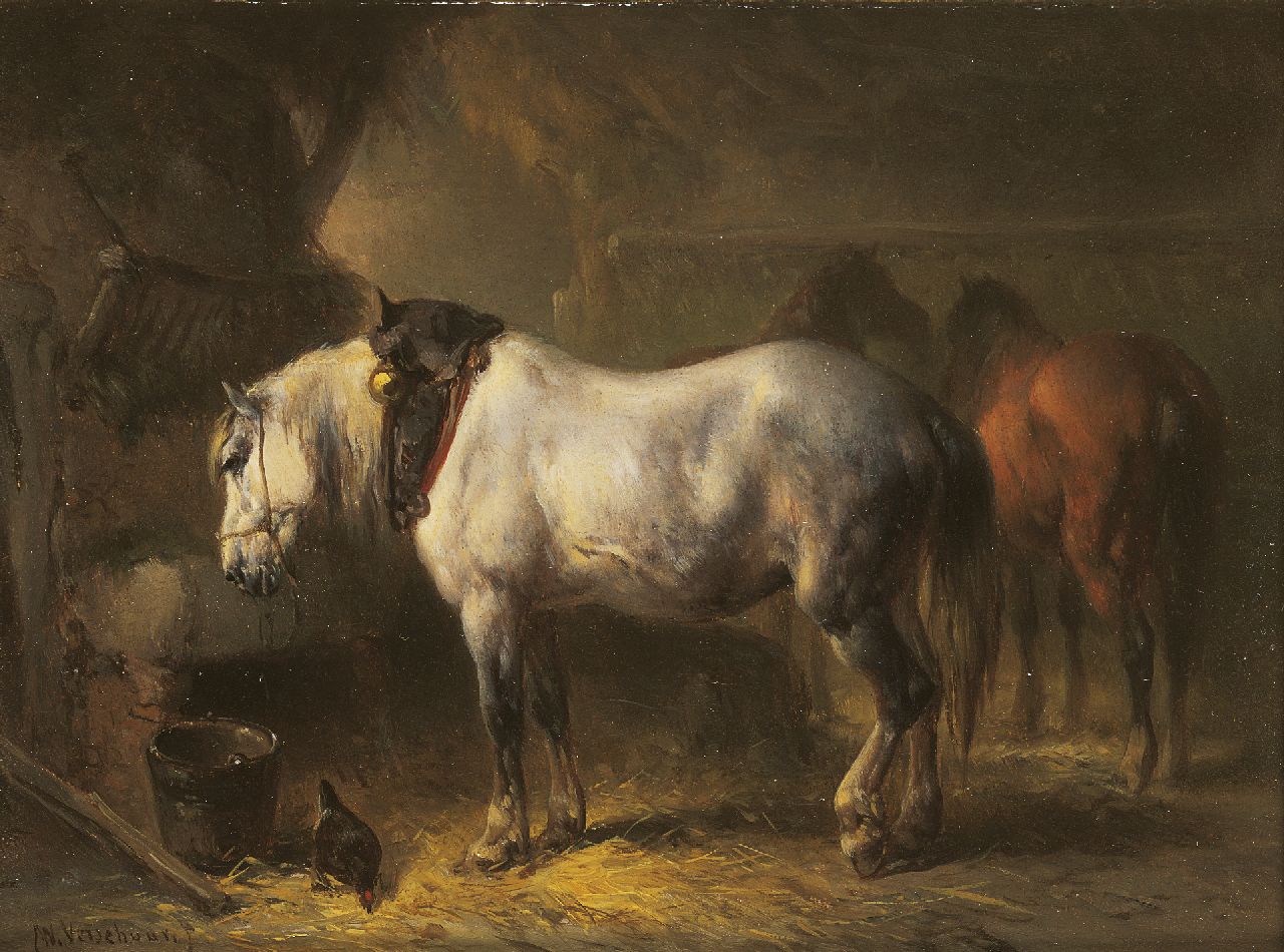 Verschuur W. | Wouterus Verschuur, In de stal, olieverf op paneel 13,9 x 18,5 cm, gesigneerd linksonder en verso op resten van etiket Verschuur W. | Wouterus Verschuur, In de stal, olieverf op paneel 13,9 x 18,5 cm, gesigneerd linksonder en verso op resten van etiket