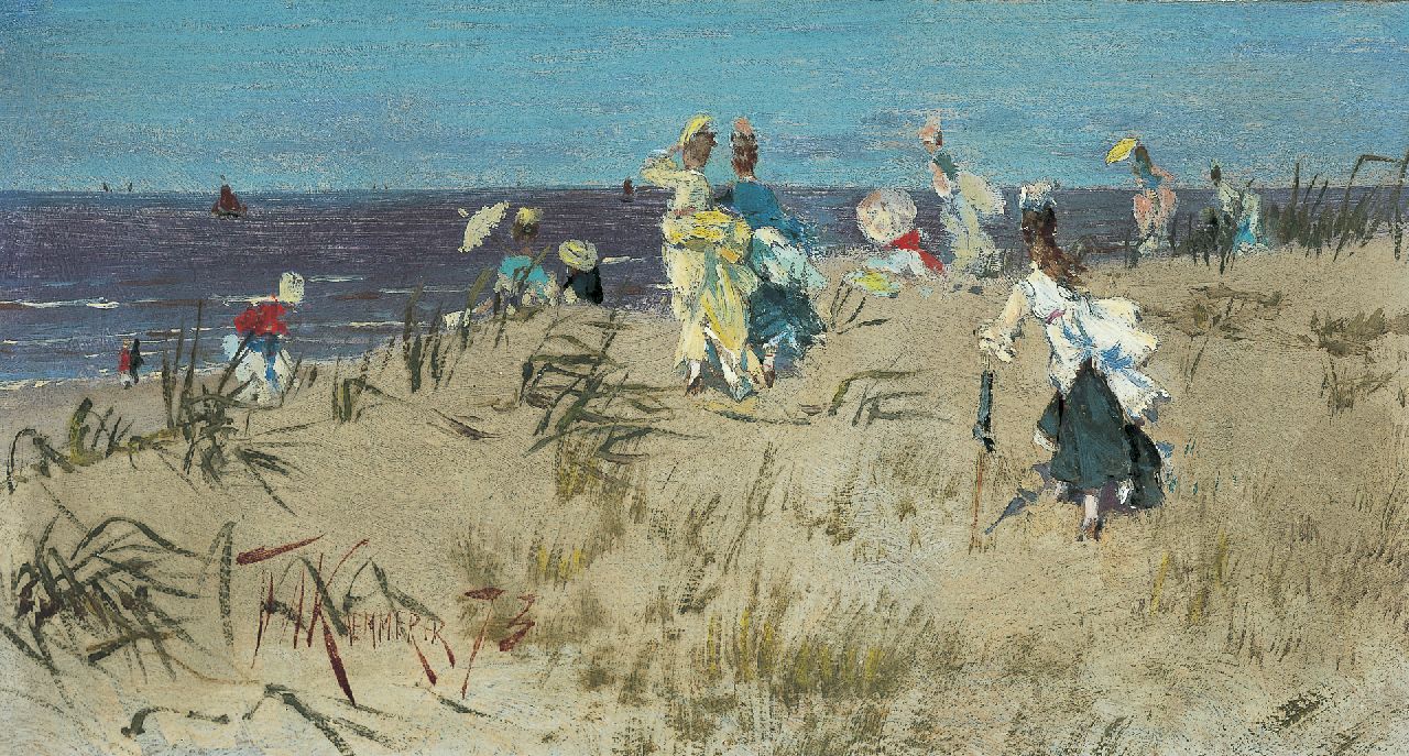 Kaemmerer F.H. | Frederik Hendrik Kaemmerer, Elegante dames in de duinen, olieverf op papier op doek 15,5 x 27,4 cm, gesigneerd linksonder en gedateerd '73 Kaemmerer F.H. | Frederik Hendrik Kaemmerer, Elegante dames in de duinen, olieverf op papier op doek 15,5 x 27,4 cm, gesigneerd linksonder en gedateerd '73