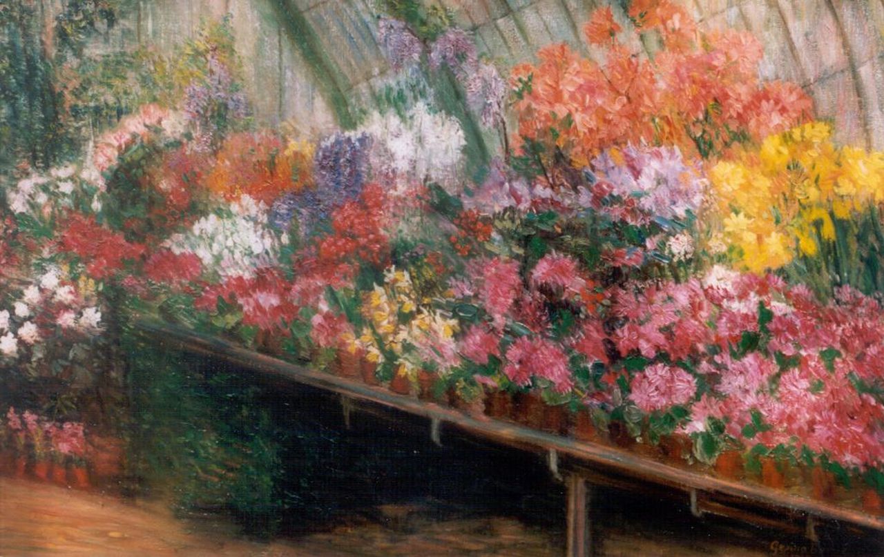 Boevé G.B.  | 'Gesina' Berendina Boevé, Greenhouse met azalea's, olieverf op doek 50,7 x 76,2 cm, gesigneerd rechtsonder en gedateerd 1917