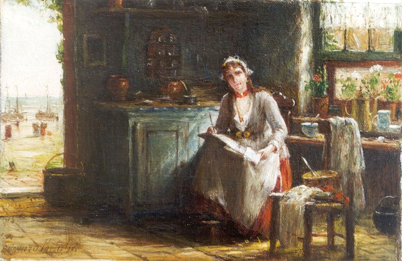 Portielje E.A. | 'Edward' Antoon Portielje, Het bijhouden van het huishoudboekje, olieverf op doek op paneel 12,6 x 18,7 cm, gesigneerd linksonder Portielje E.A. | 'Edward' Antoon Portielje, Het bijhouden van het huishoudboekje, olieverf op doek op paneel 12,6 x 18,7 cm, gesigneerd linksonder