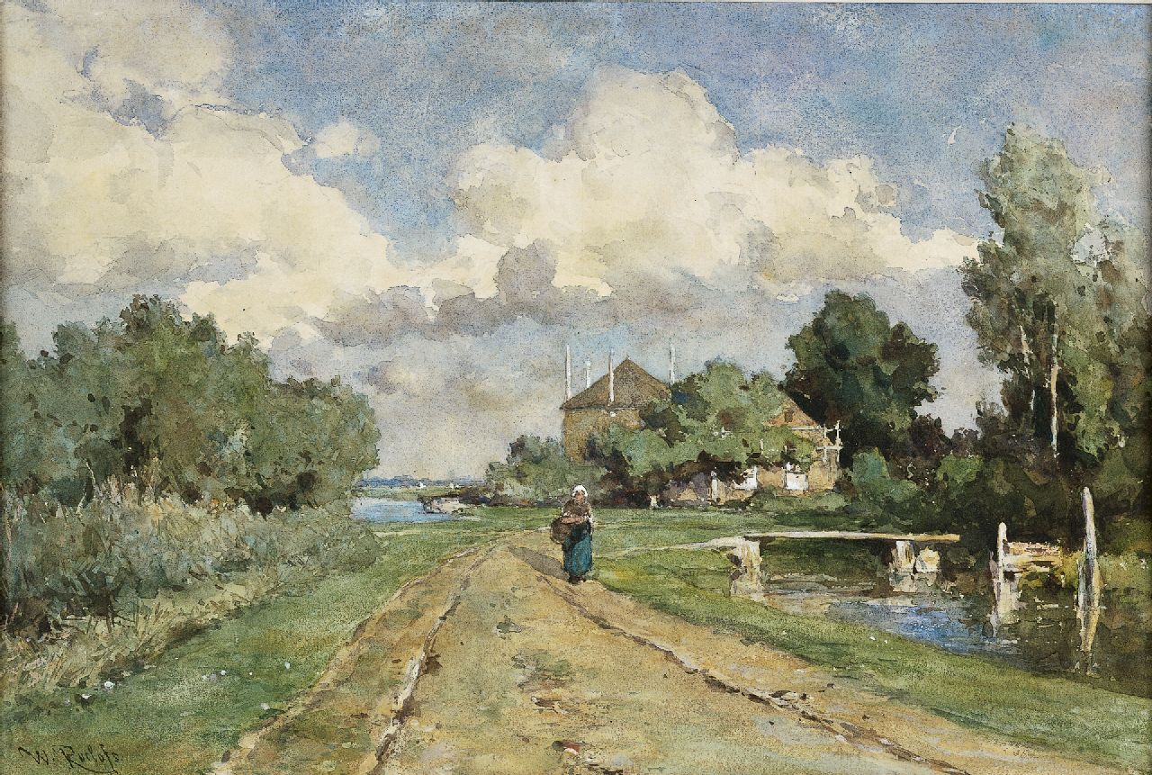 Roelofs W. | Willem Roelofs, Boerin op polderweg, aquarel op papier 33,1 x 49,4 cm, gesigneerd linksonder Roelofs W. | Willem Roelofs, Boerin op polderweg, aquarel op papier 33,1 x 49,4 cm, gesigneerd linksonder