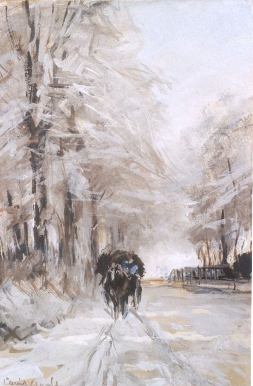 Apol L.F.H. | Lodewijk Franciscus Hendrik 'Louis' Apol, Winters bosgezicht met paard en wagen, gouache op papier 16,9 x 11,2 cm, gesigneerd linksonder Apol L.F.H. | Lodewijk Franciscus Hendrik 'Louis' Apol, Winters bosgezicht met paard en wagen, gouache op papier 16,9 x 11,2 cm, gesigneerd linksonder