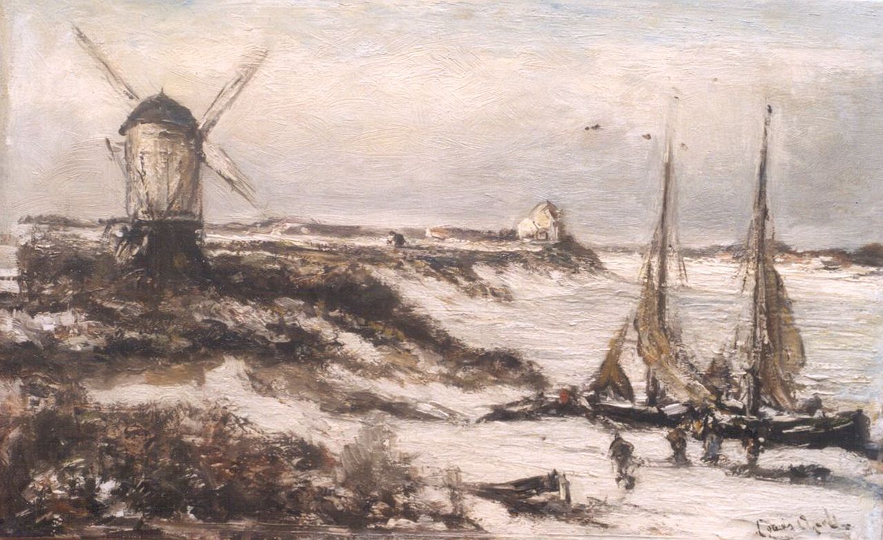 Apol L.F.H.  | Lodewijk Franciscus Hendrik 'Louis' Apol, Winterse kust met schepen, olieverf op doek 31,8 x 50,0 cm, gesigneerd rechtsonder