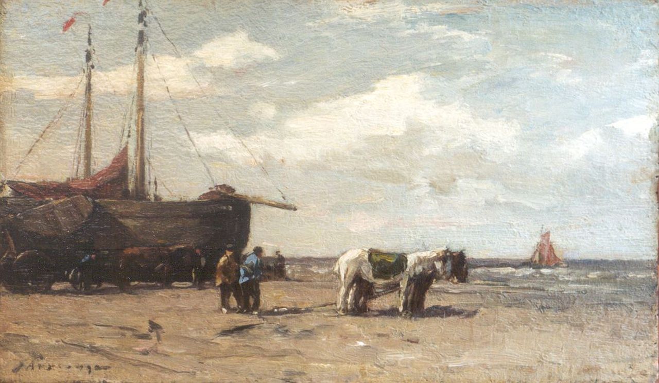 Akkeringa J.E.H. | 'Johannes Evert' Hendrik Akkeringa, Bommen en schelpenkar op het strand, olieverf op paneel 14,3 x 24,3 cm, gesigneerd linksonder Akkeringa J.E.H. | 'Johannes Evert' Hendrik Akkeringa, Bommen en schelpenkar op het strand, olieverf op paneel 14,3 x 24,3 cm, gesigneerd linksonder