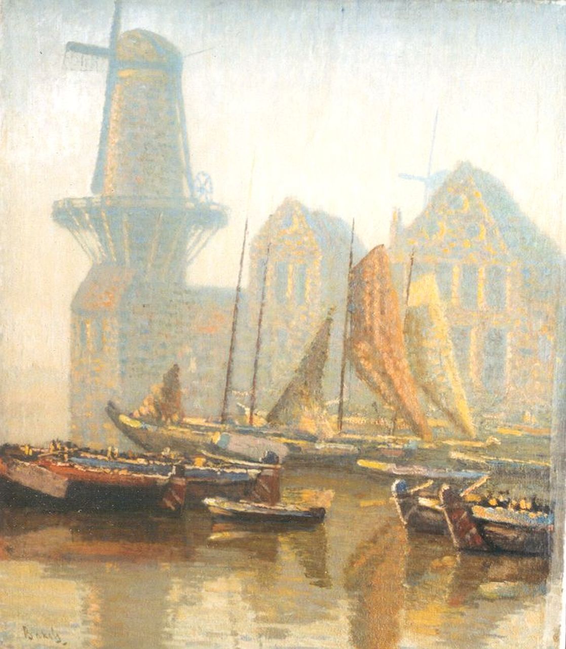 Bakels R.S. | Reinier Sybrand Bakels, Vissersschepen met molen, Delfshaven, olieverf op doek 64,0 x 55,1 cm, gesigneerd linksonder Bakels R.S. | Reinier Sybrand Bakels, Vissersschepen met molen, Delfshaven, olieverf op doek 64,0 x 55,1 cm, gesigneerd linksonder