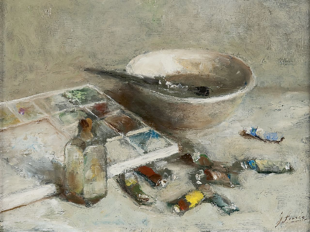 Surie J.  | Jacoba 'Coba' Surie, Stilleven van schildersattributen, olieverf op doek 30,4 x 40,1 cm, gesigneerd rechtsonder