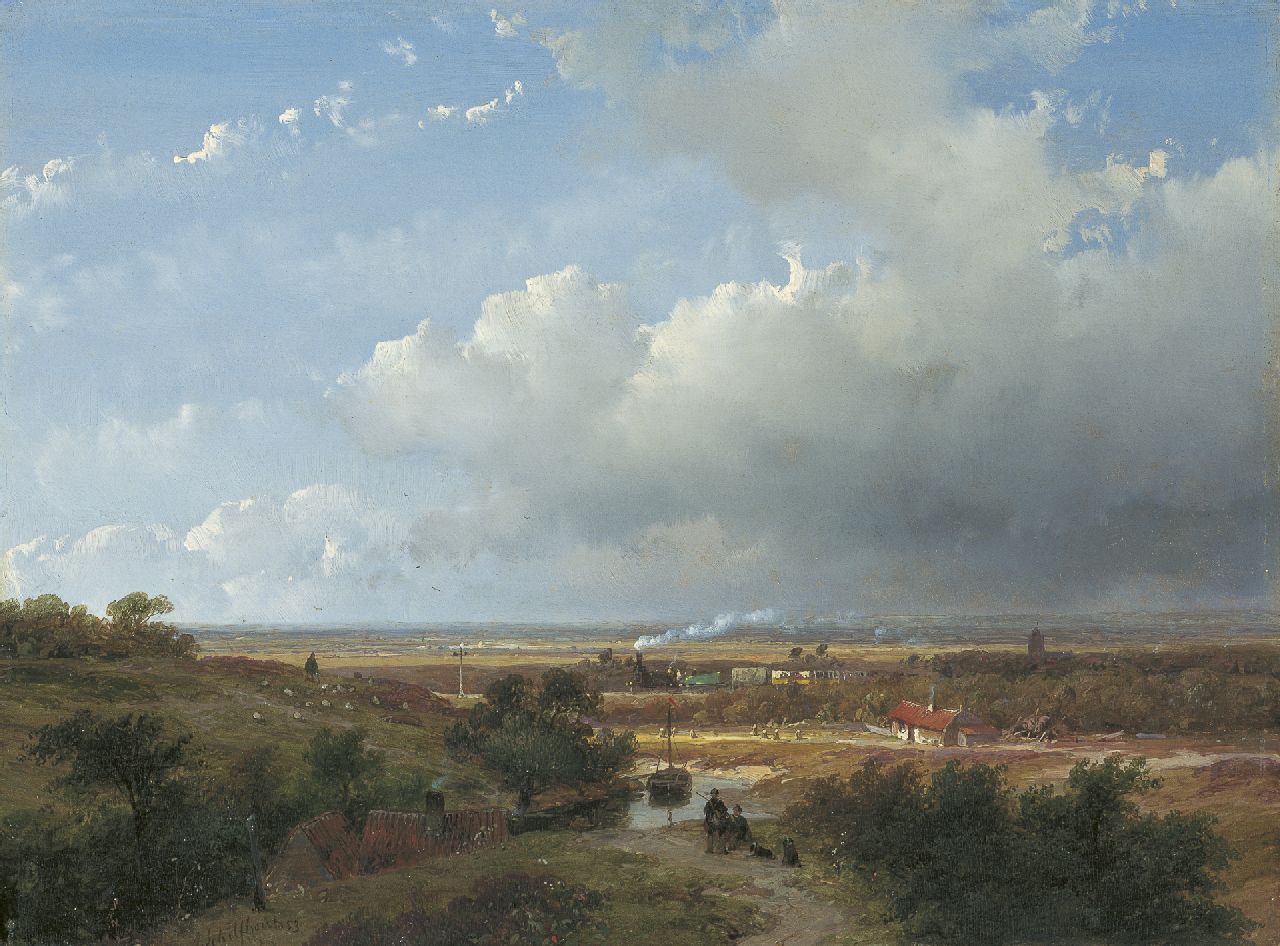 Schelfhout A. | Andreas Schelfhout, Hollands eerste stoomtrein van Haarlem naar Leiden, olieverf op paneel 25,0 x 33,2 cm, gesigneerd linksonder en gedateerd '53 Schelfhout A. | Andreas Schelfhout, Hollands eerste stoomtrein van Haarlem naar Leiden, olieverf op paneel 25,0 x 33,2 cm, gesigneerd linksonder en gedateerd '53