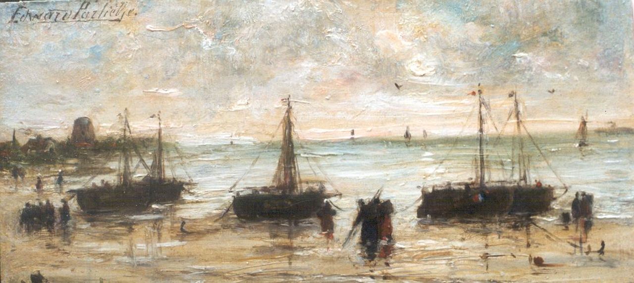 Portielje E.A. | 'Edward' Antoon Portielje, Vissersschepen bij laag tij op het strand, olieverf op paneel 8,3 x 17,4 cm, gesigneerd linksboven Portielje E.A. | 'Edward' Antoon Portielje, Vissersschepen bij laag tij op het strand, olieverf op paneel 8,3 x 17,4 cm, gesigneerd linksboven