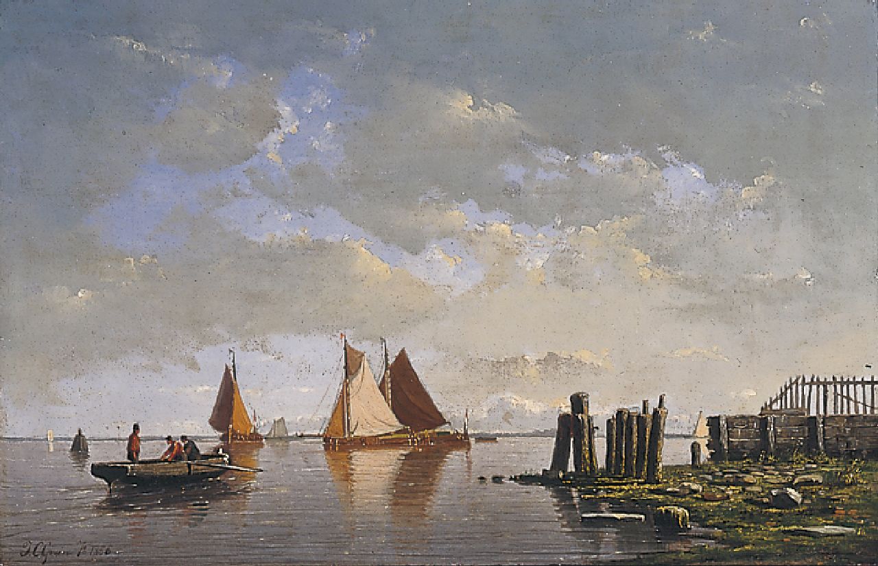 Greive J.C.  | Johan Conrad 'Coen' Greive, Zeegezicht met aken en een roeiboot, olieverf op paneel 22,0 x 33,4 cm, gesigneerd linksonder en gedateerd 1856
