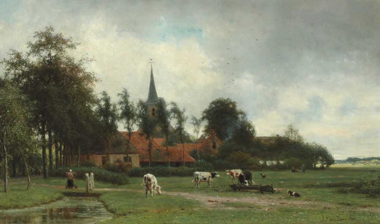 Deventer J.F. van | Jan Frederik van Deventer, Weidend vee bij een kerkdorpje, olieverf op doek 53,5 x 89,2 cm, gesigneerd rechtsonder Deventer J.F. van | Jan Frederik van Deventer, Weidend vee bij een kerkdorpje, olieverf op doek 53,5 x 89,2 cm, gesigneerd rechtsonder
