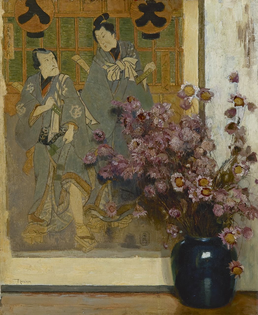 Roessingh L.A. | Louis Albert Roessingh, Vaas met droogbloemen voor Japanse prent, olieverf op paneel 42,2 x 34,3 cm, gesigneerd linksonder Roessingh L.A. | Louis Albert Roessingh, Vaas met droogbloemen voor Japanse prent, olieverf op paneel 42,2 x 34,3 cm, gesigneerd linksonder