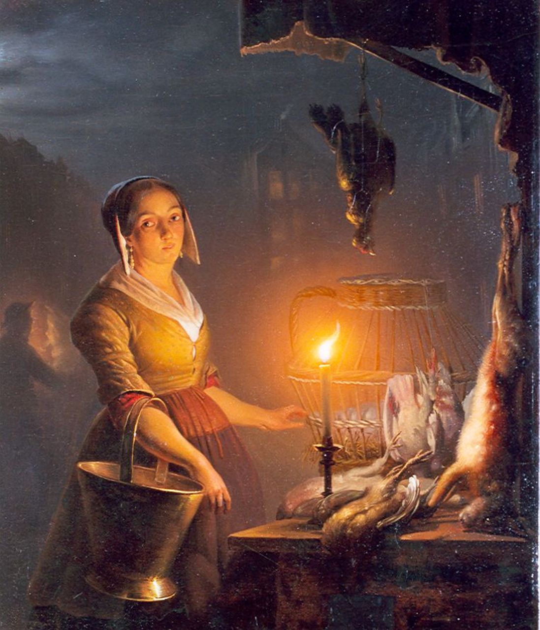 Schendel P. van | Petrus van Schendel, Avondmarkt, olieverf op paneel 39,0 x 33,0 cm, gesigneerd rechtsonder resten van signatuur Schendel P. van | Petrus van Schendel, Avondmarkt, olieverf op paneel 39,0 x 33,0 cm, gesigneerd rechtsonder resten van signatuur
