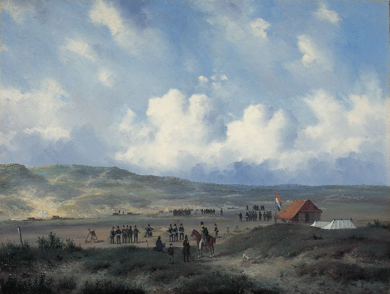 Ahrendts C.E. | Carl Eduard Ahrendts, Infanterie schietkamp in de duinen bij Waalsdorp, olieverf op paneel 33,0 x 43,7 cm, gesigneerd rechtsonder en te dateren na 1840 Ahrendts C.E. | Carl Eduard Ahrendts, Infanterie schietkamp in de duinen bij Waalsdorp, olieverf op paneel 33,0 x 43,7 cm, gesigneerd rechtsonder en te dateren na 1840