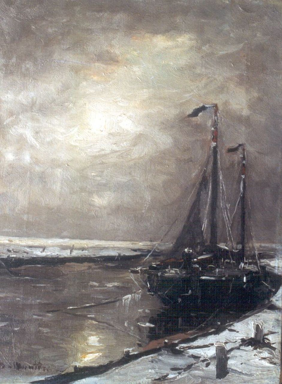 Munthe G.A.L. | Gerhard Arij Ludwig 'Morgenstjerne' Munthe, Bomschuiten in de uitwatering te Katwijk, olieverf op doek 41,1 x 31,3 cm, gesigneerd linksonder Munthe G.A.L. | Gerhard Arij Ludwig 'Morgenstjerne' Munthe, Bomschuiten in de uitwatering te Katwijk, olieverf op doek 41,1 x 31,3 cm, gesigneerd linksonder