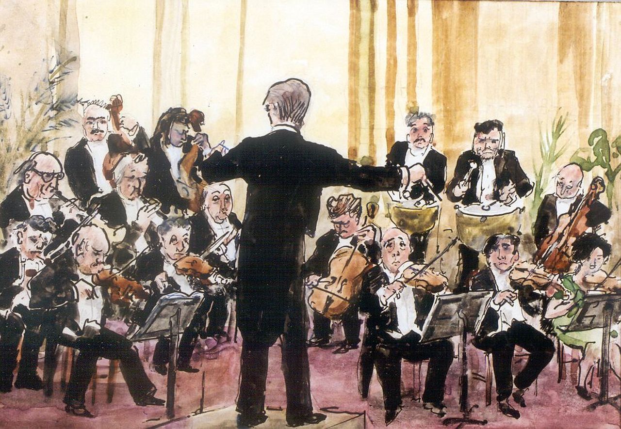 Kamerlingh Onnes H.H. | 'Harm' Henrick Kamerlingh Onnes, Het orkest, potlood, pen, inkt en aquarel op papier 14,0 x 19,5 cm, gesigneerd rechtsonder met monogram en gedateerd 1972 Kamerlingh Onnes H.H. | 'Harm' Henrick Kamerlingh Onnes, Het orkest, potlood, pen, inkt en aquarel op papier 14,0 x 19,5 cm, gesigneerd rechtsonder met monogram en gedateerd 1972