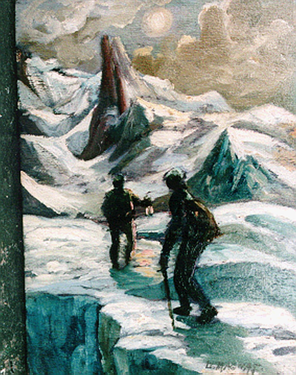 Magnat L.H. | Louis Henri Magnat, Gletsjerwandeling bij lamplicht in de nacht, olieverf op paneel 22,0 x 16,0 cm, gesigneerd rechtsonder Magnat L.H. | Louis Henri Magnat, Gletsjerwandeling bij lamplicht in de nacht, olieverf op paneel 22,0 x 16,0 cm, gesigneerd rechtsonder