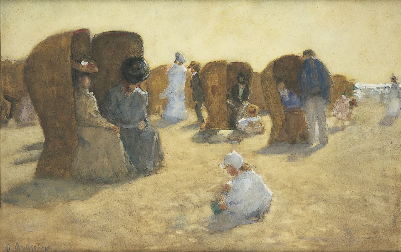 Arntzenius P.F.N.J. | Pieter Florentius Nicolaas Jacobus 'Floris' Arntzenius, Elegante badgasten op het strand van Scheveningen, aquarel op papier 34,7 x 53,9 cm, gesigneerd linksonder en te dateren 1904-1906 Arntzenius P.F.N.J. | Pieter Florentius Nicolaas Jacobus 'Floris' Arntzenius, Elegante badgasten op het strand van Scheveningen, aquarel op papier 34,7 x 53,9 cm, gesigneerd linksonder en te dateren 1904-1906