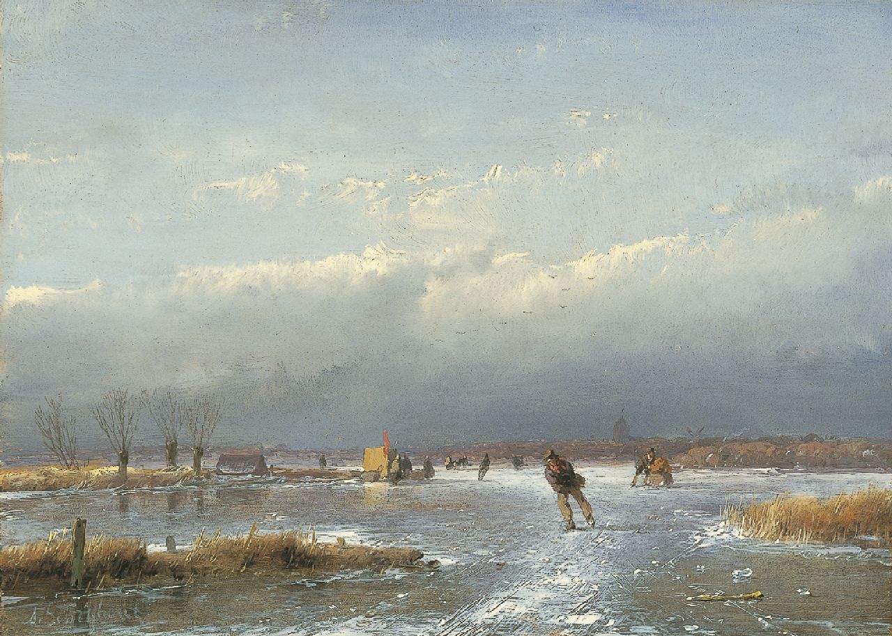 Schelfhout A.  | Andreas Schelfhout, IJsgezicht met schaatsers en koek-en-zopie, olieverf op paneel 17,3 x 24,1 cm, gesigneerd linksonder en te dateren 1866-1868