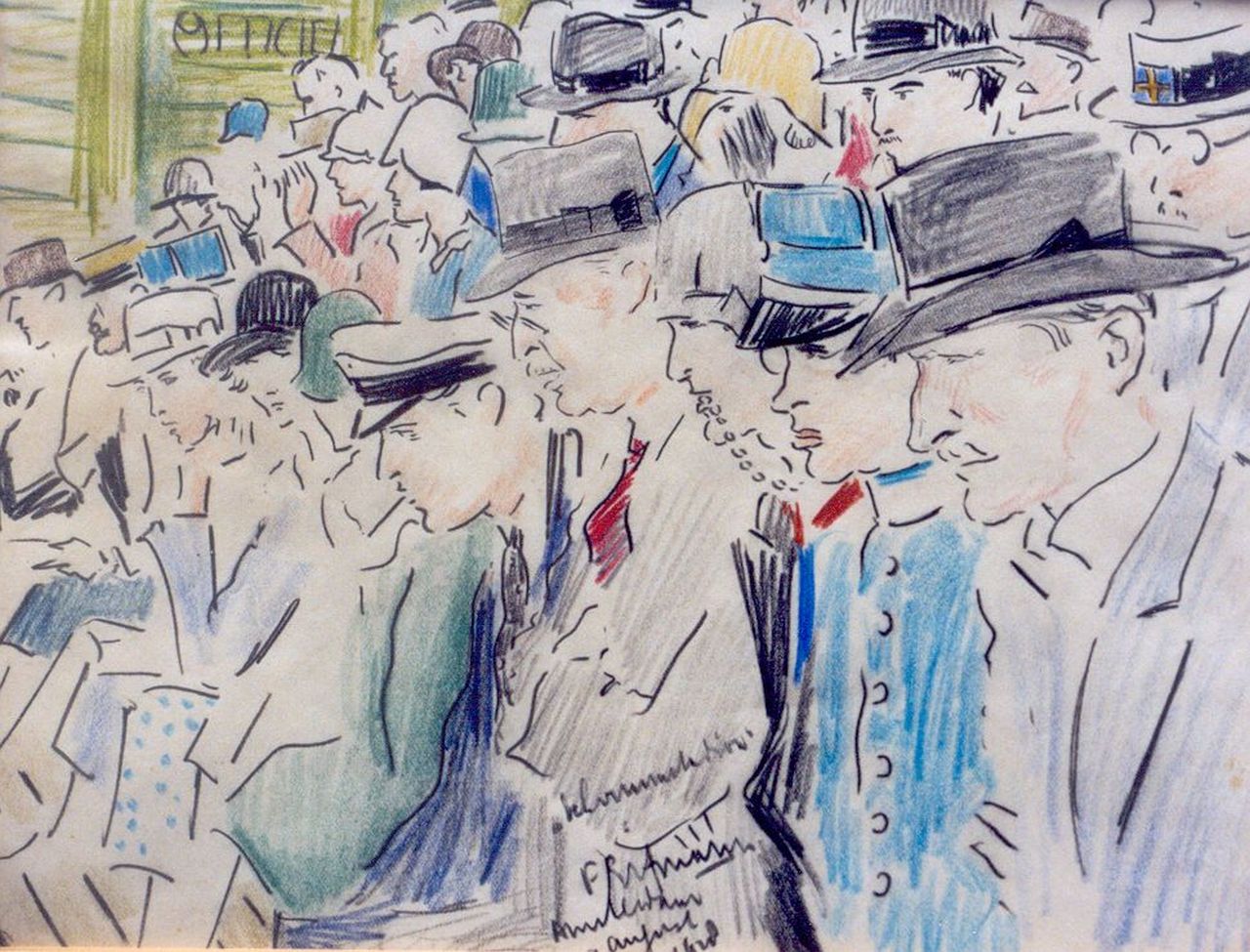 Erfmann F.G.  | 'Ferdinand' George Erfmann, Toeschouwers op een tribune, krijt op papier 21,3 x 27,4 cm, gesigneerd middenonder en gedateerd 'Amsterdam 9 august 1928'