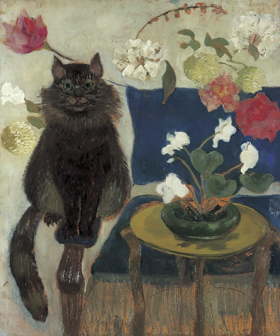 Sorella (Theresia Ansingh) | Sorella (Theresia Ansingh), Interieur met poes Woollha en bloemen; verso: slapende vrouw, olieverf op schilderskarton 76,1 x 63,7 cm Sorella (Theresia Ansingh) | Sorella (Theresia Ansingh), Interieur met poes Woollha en bloemen; verso: slapende vrouw, olieverf op schilderskarton 76,1 x 63,7 cm