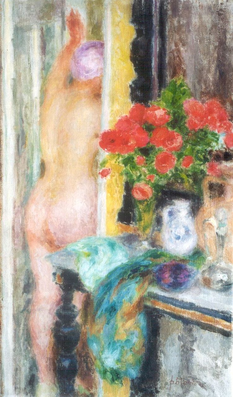 Jablonski M. | Jablonski, Staand vrouwelijk naakt bij een bloemstilleven, olieverf op doek 79,1 x 48,5 cm, gesigneerd rechtsonder Jablonski M. | Jablonski, Staand vrouwelijk naakt bij een bloemstilleven, olieverf op doek 79,1 x 48,5 cm, gesigneerd rechtsonder