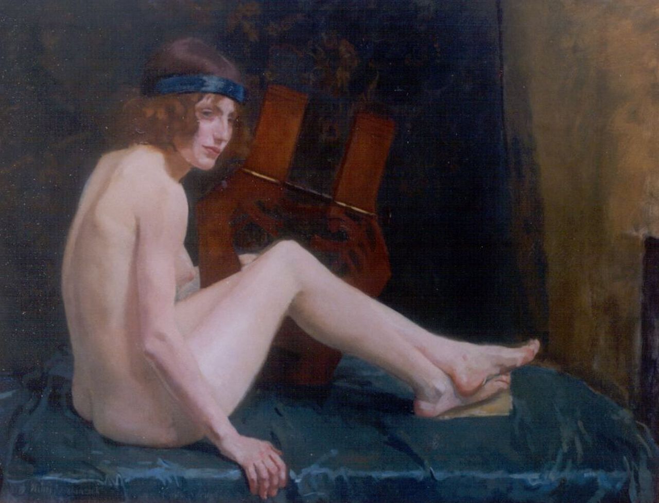 Braakensiek H.  | Henri Braakensiek, Vrouwelijk naakt met lier, olieverf op doek 101,0 x 131,0 cm, gesigneerd linksonder en gedateerd '14
