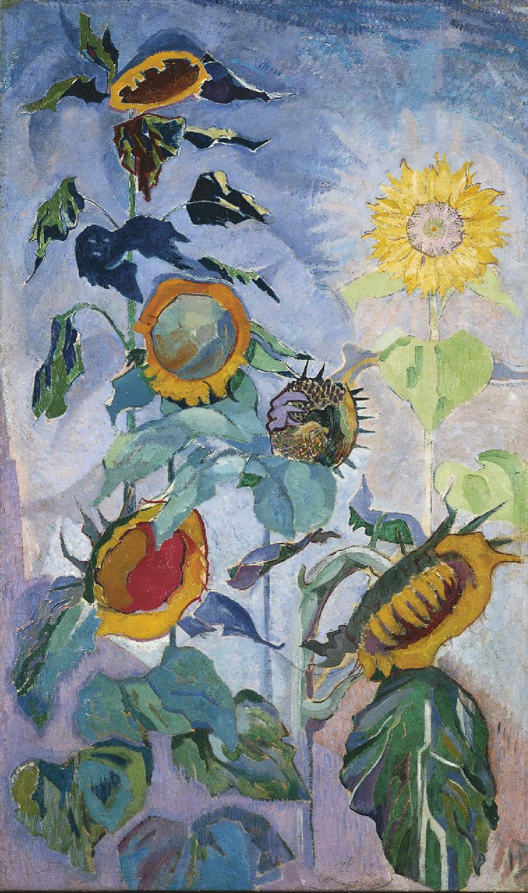 Braakensiek H. | Henri Braakensiek, Zonnebloemen, olieverf op doek 122,8 x 70,5 cm, gesigneerd rechtsonder en verso met initialen en verso gedateerd 1918 Braakensiek H. | Henri Braakensiek, Zonnebloemen, olieverf op doek 122,8 x 70,5 cm, gesigneerd rechtsonder en verso met initialen en verso gedateerd 1918