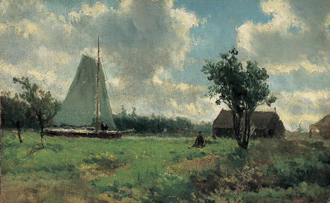 Weissenbruch H.J. | Hendrik Johannes 'J.H.' Weissenbruch, Polderlandschap met zeilboot, olieverf op doek op board 19,4 x 31,3 cm, gesigneerd met atelierstempel rechtsonder Weissenbruch H.J. | Hendrik Johannes 'J.H.' Weissenbruch, Polderlandschap met zeilboot, olieverf op doek op board 19,4 x 31,3 cm, gesigneerd met atelierstempel rechtsonder