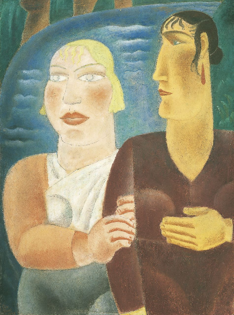 Gestel L. | Leendert 'Leo' Gestel, De vriendinnen; verso potloodschets van paard en stier, pastel op papier 76,7 x 56,2 cm, gesigneerd linksonder en gedateerd 1927 Gestel L. | Leendert 'Leo' Gestel, De vriendinnen; verso potloodschets van paard en stier, pastel op papier 76,7 x 56,2 cm, gesigneerd linksonder en gedateerd 1927