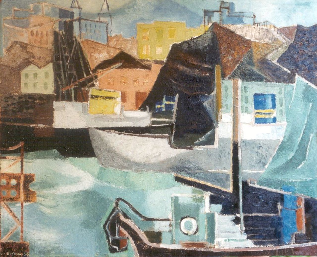 Bosma W. | Willem 'Wim' Bosma, Compositie haven Göteborg, olieverf op board 49,5 x 60,9 cm, gesigneerd linksonder en gedateerd '56 Bosma W. | Willem 'Wim' Bosma, Compositie haven Göteborg, olieverf op board 49,5 x 60,9 cm, gesigneerd linksonder en gedateerd '56