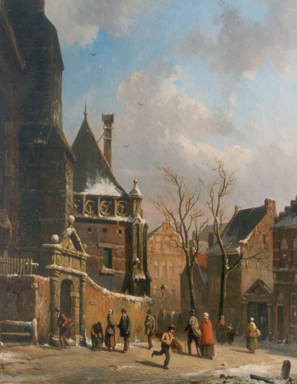 Eversen A. | Adrianus Eversen, Winters stadsgezicht met figuren, olieverf op paneel 30,0 x 23,6 cm, gesigneerd rechtsonder Eversen A. | Adrianus Eversen, Winters stadsgezicht met figuren, olieverf op paneel 30,0 x 23,6 cm, gesigneerd rechtsonder
