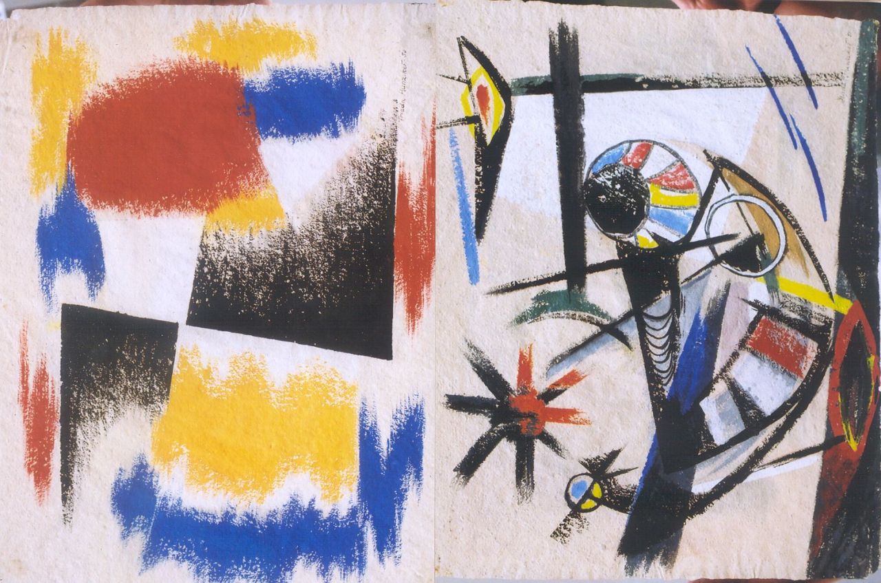 Hunziker F. | Frieda Hunziker, Composities (recto en verso), gouache op papier 45,0 x 55,0 cm, gesigneerd rechtsonder en gedateerd '51 Hunziker F. | Frieda Hunziker, Composities (recto en verso), gouache op papier 45,0 x 55,0 cm, gesigneerd rechtsonder en gedateerd '51