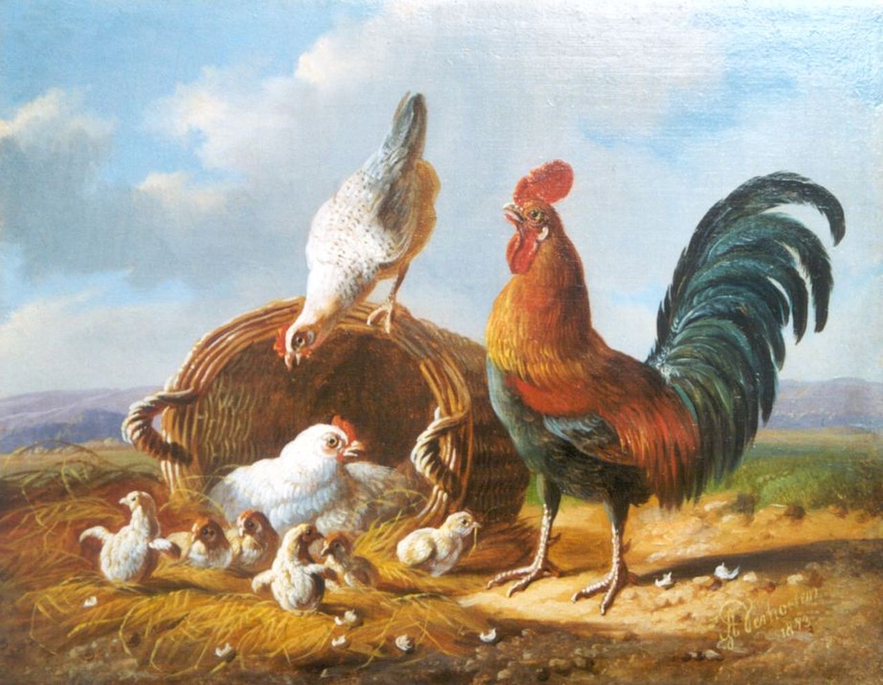 Verhoesen A. | Albertus Verhoesen, Haan, kippen en kuikens bij een korf, olieverf op paneel 14,1 x 18,1 cm, gesigneerd rechtsonder en gedateerd 1873 Verhoesen A. | Albertus Verhoesen, Haan, kippen en kuikens bij een korf, olieverf op paneel 14,1 x 18,1 cm, gesigneerd rechtsonder en gedateerd 1873