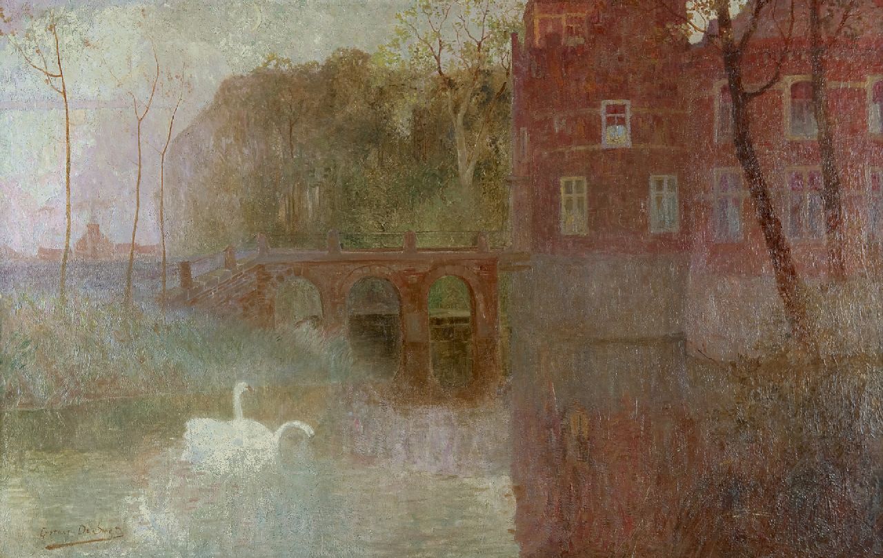 Smet G. de | Gustave de Smet, Zwanen in een slotgracht, Brugge, olieverf op doek 86,9 x 138,7 cm, gesigneerd linksonder en te dateren ca. 1900 Smet G. de | Gustave de Smet, Zwanen in een slotgracht, Brugge, olieverf op doek 86,9 x 138,7 cm, gesigneerd linksonder en te dateren ca. 1900
