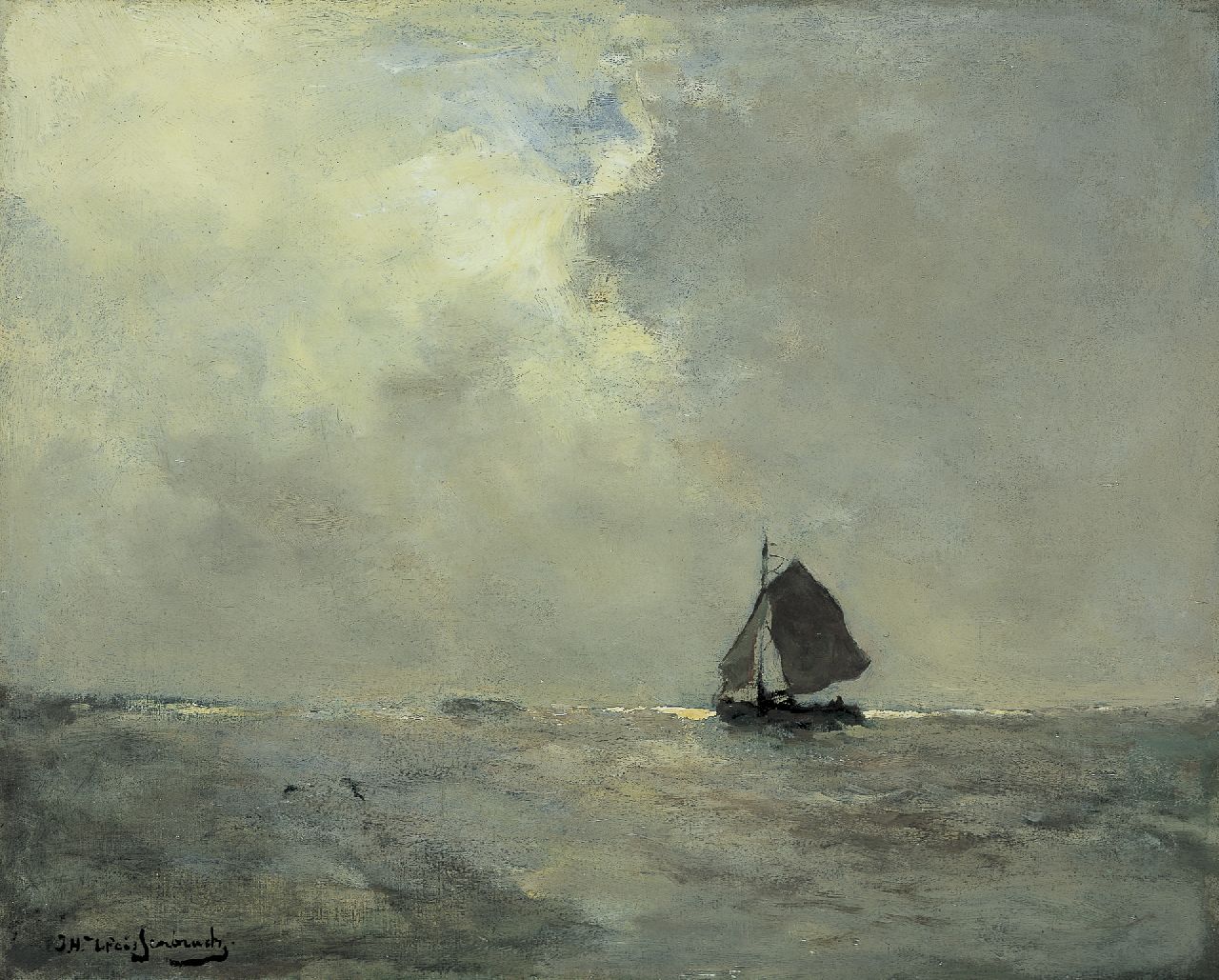 Weissenbruch H.J. | Hendrik Johannes 'J.H.' Weissenbruch, Zeilboot voor het strand, olieverf op doek 39,6 x 49,3 cm, gesigneerd linksonder Weissenbruch H.J. | Hendrik Johannes 'J.H.' Weissenbruch, Zeilboot voor het strand, olieverf op doek 39,6 x 49,3 cm, gesigneerd linksonder