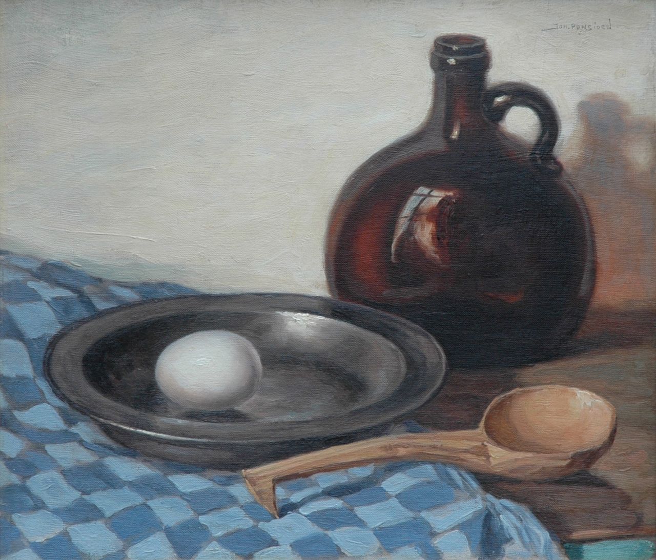 Ponsioen J.B. | Johannes Bernardus 'Johan' Ponsioen, Stilleven met tinnen bord en fles, olieverf op doek op board 39,7 x 46,4 cm, gesigneerd rechtsboven en linksboven (vaag). en gedateerd '31 Ponsioen J.B. | Johannes Bernardus 'Johan' Ponsioen, Stilleven met tinnen bord en fles, olieverf op doek op board 39,7 x 46,4 cm, gesigneerd rechtsboven en linksboven (vaag). en gedateerd '31