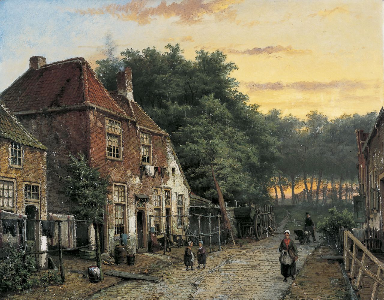 Koekkoek W. | Willem Koekkoek, Hollands dorpsstraatje met figuren, olieverf op doek 53,9 x 69,0 cm, gesigneerd dubbel gesigneerd linksonder en rechtsonder Koekkoek W. | Willem Koekkoek, Hollands dorpsstraatje met figuren, olieverf op doek 53,9 x 69,0 cm, gesigneerd dubbel gesigneerd linksonder en rechtsonder