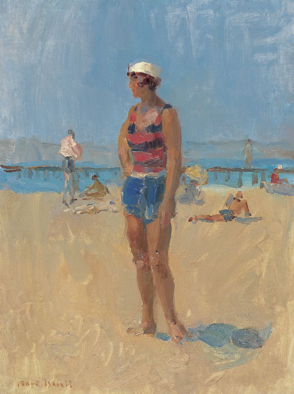 Israels I.L. | 'Isaac' Lazarus Israels, Baadster op het strand van Aix-les-Bains, olieverf op doek 60,2 x 45,3 cm, gesigneerd linksonder Israels I.L. | 'Isaac' Lazarus Israels, Baadster op het strand van Aix-les-Bains, olieverf op doek 60,2 x 45,3 cm, gesigneerd linksonder