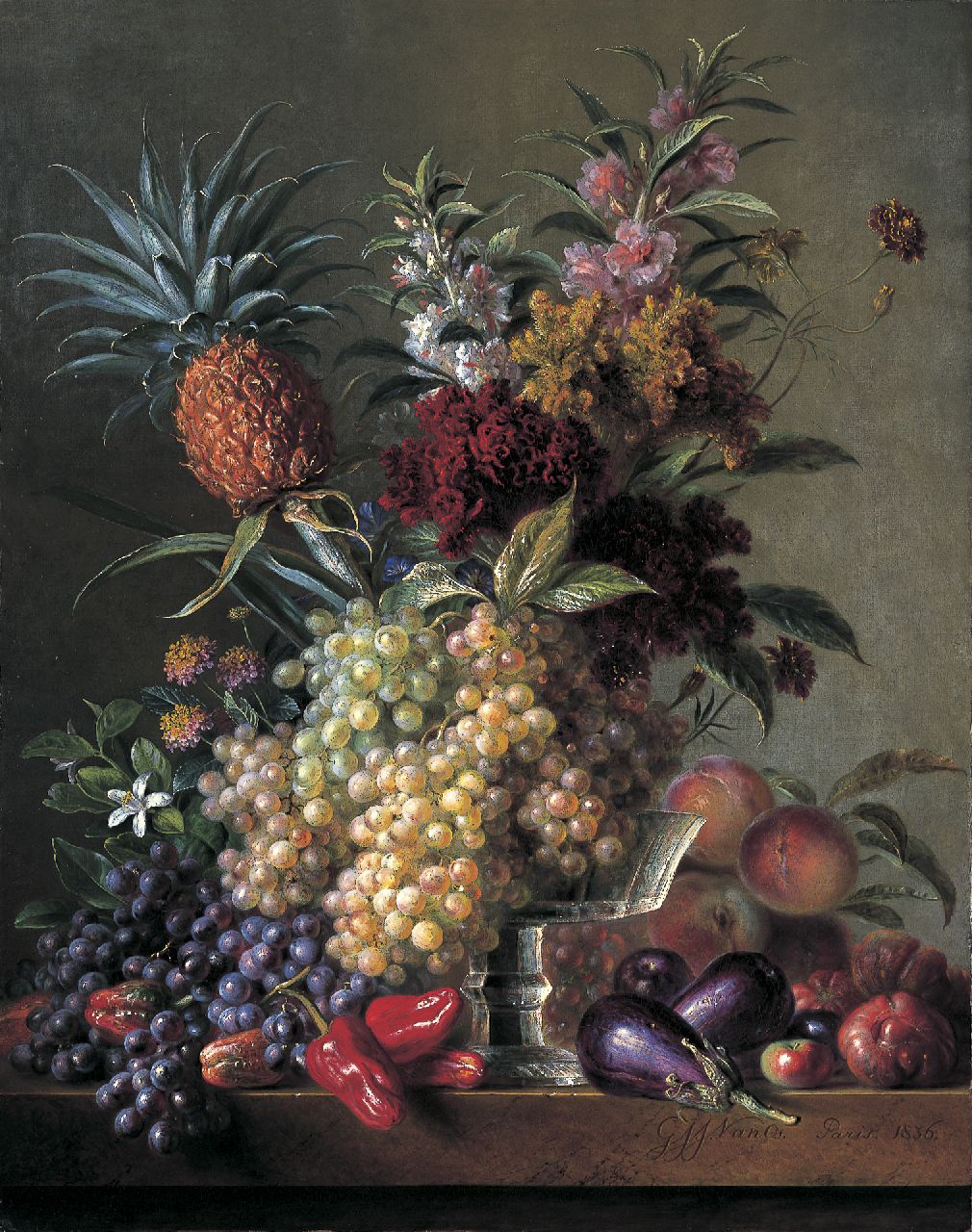 Os G.J.J. van | Georgius Jacobus Johannes van Os, Stilleven met fruit en bloemen, olieverf op doek 92,5 x 73,3 cm, gesigneerd rechtsonder en gedateerd 1836 Os G.J.J. van | Georgius Jacobus Johannes van Os, Stilleven met fruit en bloemen, olieverf op doek 92,5 x 73,3 cm, gesigneerd rechtsonder en gedateerd 1836