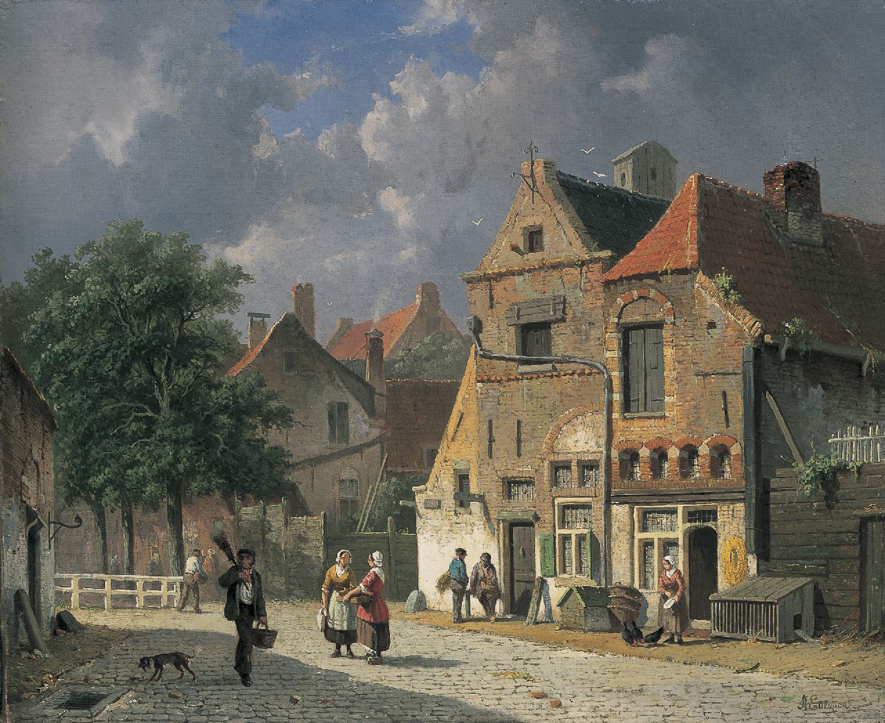 Eversen A. | Adrianus Eversen, Zonnig Oudhollands straatje met figuren, olieverf op doek 40,0 x 48,0 cm, gesigneerd rechtsonder Eversen A. | Adrianus Eversen, Zonnig Oudhollands straatje met figuren, olieverf op doek 40,0 x 48,0 cm, gesigneerd rechtsonder