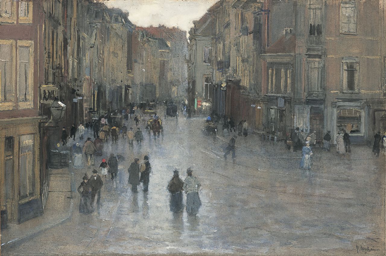 Arntzenius P.F.N.J.  | Pieter Florentius Nicolaas Jacobus 'Floris' Arntzenius, Gezicht op de Wagenstraat in Den Haag, gezien vanaf de Wagenbrug, aquarel en gouache op papier 40,4 x 60,1 cm, gesigneerd rechtsonder