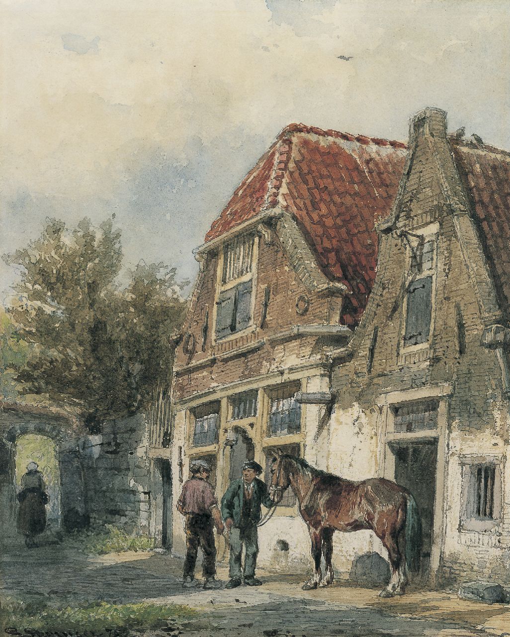 Springer C. | Cornelis Springer, Stalknechten met paard in een straatje, potlood en aquarel op papier 24,6 x 19,8 cm, gesigneerd linksonder en gedateerd '75 Springer C. | Cornelis Springer, Stalknechten met paard in een straatje, potlood en aquarel op papier 24,6 x 19,8 cm, gesigneerd linksonder en gedateerd '75