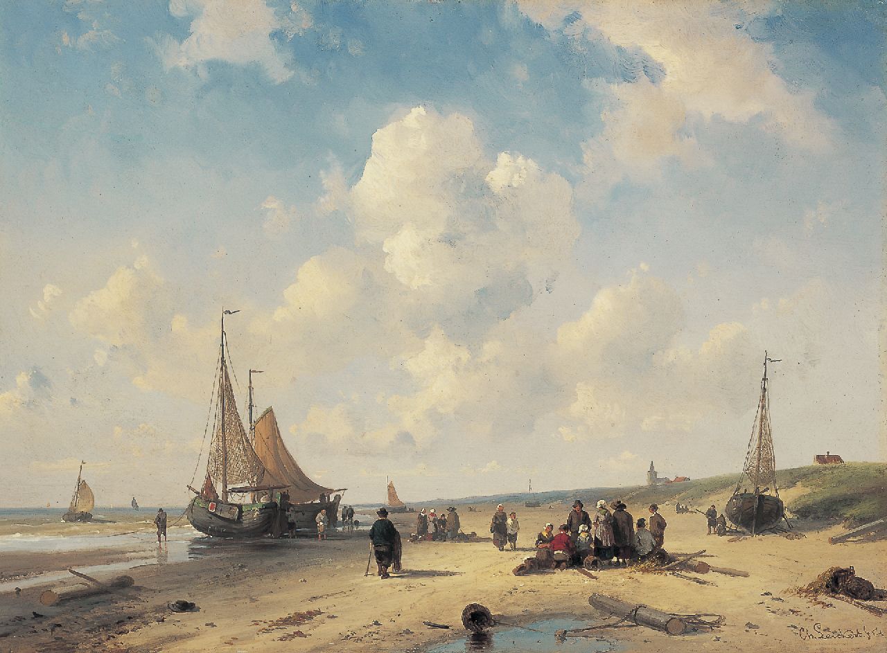 Leickert C.H.J. | 'Charles' Henri Joseph Leickert, Bomschuiten en vissers bij eb op het strand van Scheveningen, olieverf op paneel 26,1 x 36,0 cm, gesigneerd rechtsonder en gedateerd '54 Leickert C.H.J. | 'Charles' Henri Joseph Leickert, Bomschuiten en vissers bij eb op het strand van Scheveningen, olieverf op paneel 26,1 x 36,0 cm, gesigneerd rechtsonder en gedateerd '54